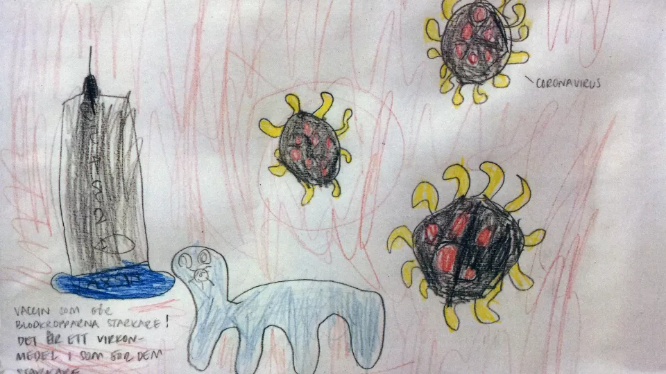En barnteckning som visar vaccin, coronavirus och en makrofag.