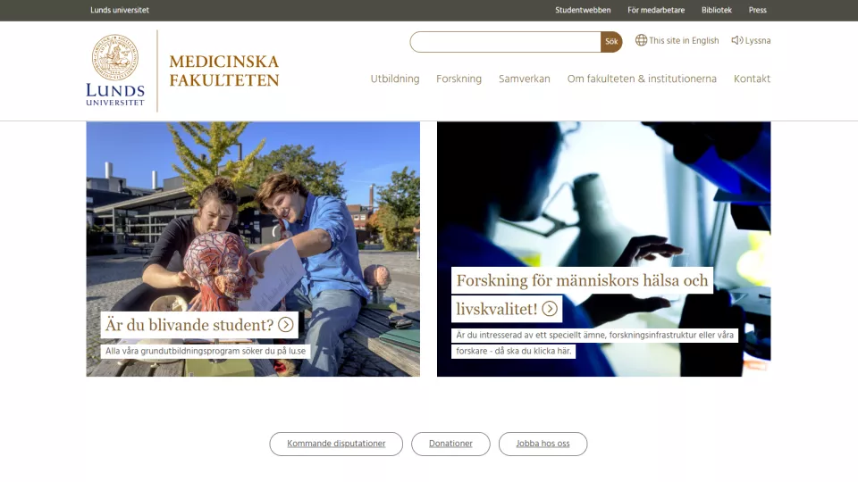 Faksimil av förstasidan på denna webbplats, medicin.lu.se