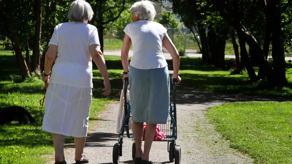 Två äldre kvinnor på promenad i en park. en av dem har rullator. Foto.
