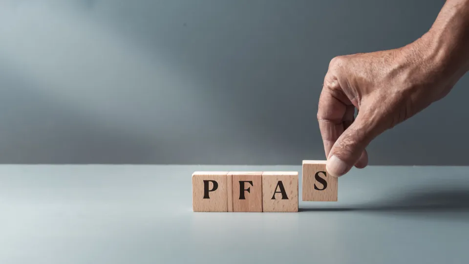 Träklossar PFAS (per- och polyfluorerade alkylsubstanser), konceptet eviga eller “för evigt”-kemikalier och förorening. Foto: iStock