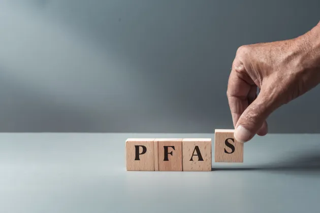 Träklossar PFAS (per- och polyfluorerade alkylsubstanser), konceptet eviga eller “för evigt”-kemikalier och förorening. Foto: iStock