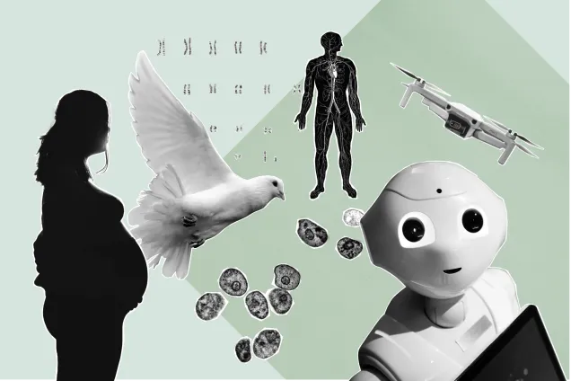 Illustration. Gravid, robot, människa, DNA, drönare.