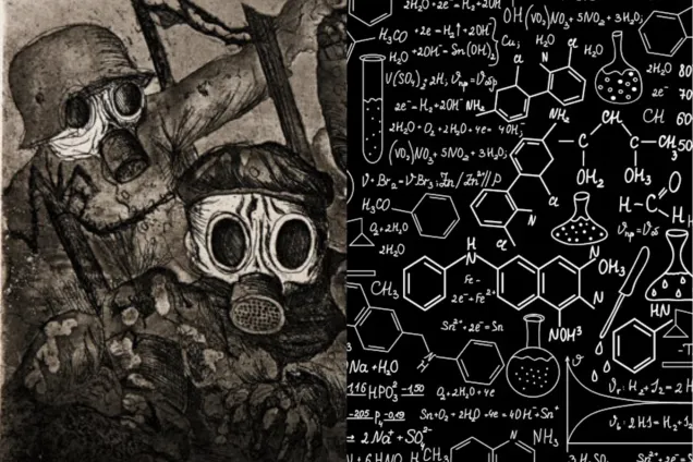 photocollage with two persons in gasmasks and chemistry symbols. 