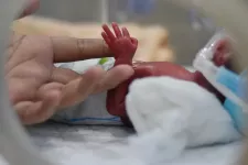 Mycket för tidigt barn i kuvös håller förälders hand