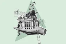 An illustration of a hand holding a building and objects representing innovation