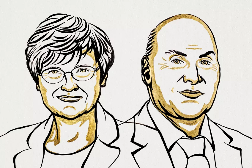 porträtt nobelpristagarna Katalin Karikó och Drew Weissman. illustration
